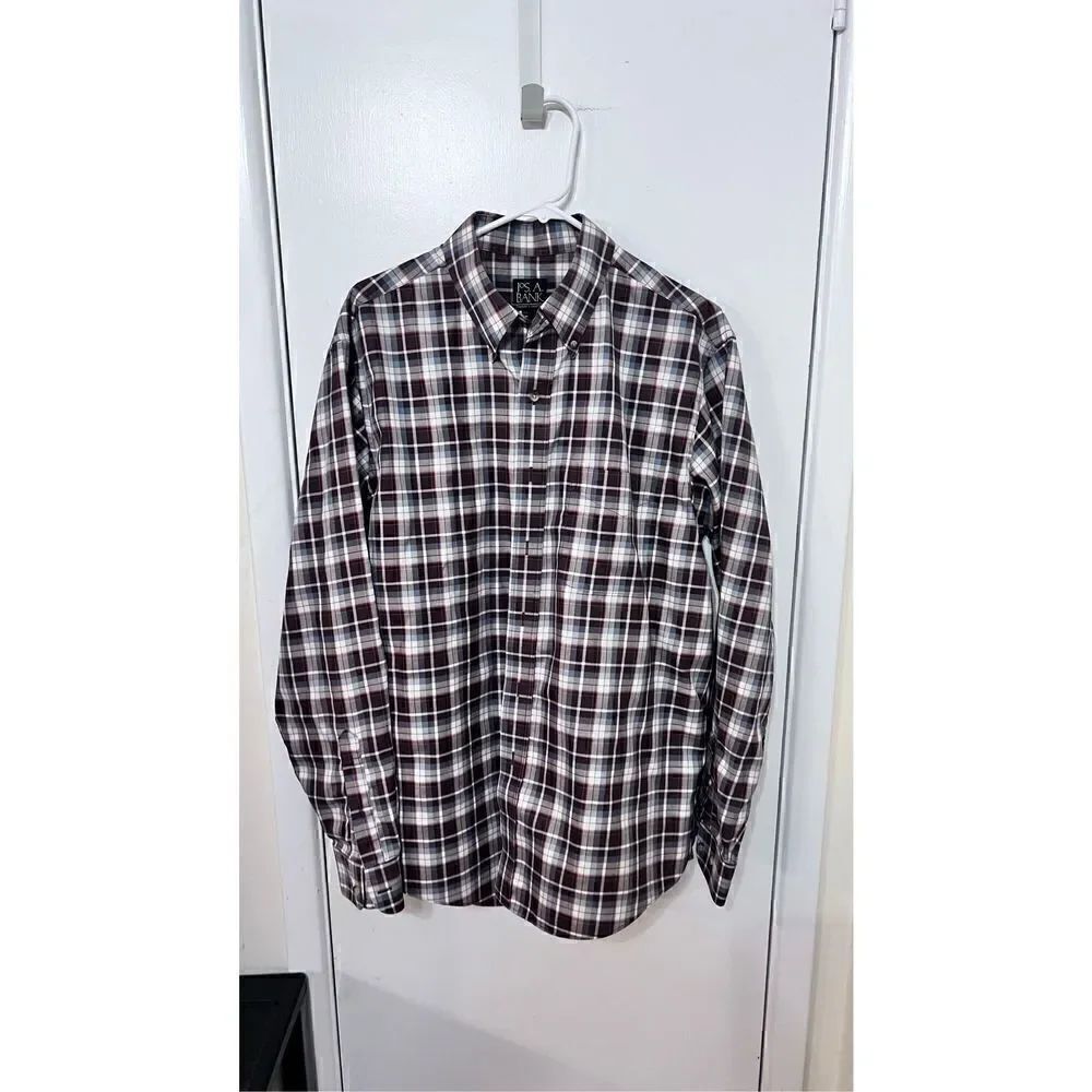 JOS. A. BANK MENS BROWN PLAID BUTTON UP SHIRT SIZE L